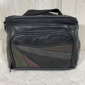 Vintage 80's 90's Black Leather Multicolor Patchwork Belt Bag Fanny Pack Pockets